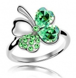 18k Gold Plated Swarovski Crystal Heart Shaped Four Leaf Clover Fashion Ring-Various Colors (Green, 7)