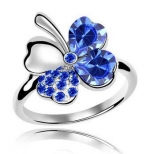 18k Gold Plated Swarovski Crystal Heart Shaped Four Leaf Clover Fashion Ring-Various Colors (Blue, 7)