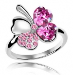 18k Gold Plated Swarovski Crystal Heart Shaped Four Leaf Clover Fashion Ring-Various Colors (Pink, 7.5)