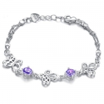 Silver Plated Link Bracelet with Open Butterfly Charm and Purple Cubic Zirconia Crystal
