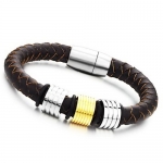 Braided 8mm Thick Brown PU Leather Mens Bracelet with Yellow Trim Stainless Steel Ring Charm and Magnetic Clasp 8.2 Inches Long, Bold and Expressive