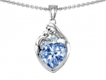 Original Star K(tm) Loving Mother With Child Family Pendant With Heart Shape 8mm Simulated Aquamarine in .925 Sterling Silver