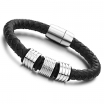Braided 8mm Thick Black PU Leather Mens Bracelet with Stainless Steel Ring Charm and Magnetic Clasp 8.5 Inches Long, Bold and Expressive