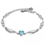 White Gold Plated Bracelet with 1.5 Carats Heart Shape Zirconia Crystal in Ocean Blue Angel Wings 7 Long with 1 Extender