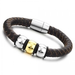 Braided 8mm Thick Brown PU Leather Mens Bracelet with Yellow Trim Stainless Steel Ring Charm and Magnetic Clasp 8.5 Inches Long, Bold and Expressive