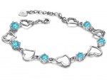 White Gold Plated Bracelet for Women Open Heart Link Womens Bracelet with Aqua Blue CZ Crystal, 7 Long with 1 Extender