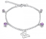 Silver Plated Anklet Bracelet with Open Butterfly Charm and Purple Zirconia Accents