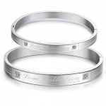 Stainless Steel Bracelet Bangle with Engraved Words Love Collection and Rhinestone Inlay Accents, Pair for Couple
