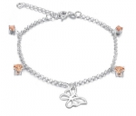 Silver Plated Anklet Bracelet with Open Butterfly Charm and Champagne Zirconia Accents