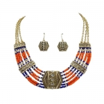 Gold Plated Blue and Orange Beaded Tribal Theme Necklace and Earrings Set