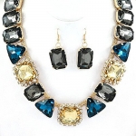 Blue Yellow Gray Goldtone Crystal Necklace and Earring Set Fashion Jewelry