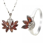 925 Sterling Silver Natural Garnet Butterfly Ring and Necklace Jewelry Set Girl's Gifts (Ring & Necklace) Please Email Ring Size