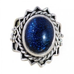Large Dark Blue Spark Accent Glass Gemstone Ring/wedding Band Platinum Plating (8.5)