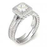 Sterling Silver Cubic Zirconia Halo 1.6 Carat tw Princess Cut CZ Filigree Wedding Engagement Ring Set, Nickel Free Sz 5