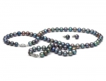 Black Freshwater Pearl Necklace, Bracelet and Earring Set 7-8mm in 14K White Gold