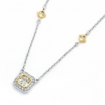 Rhodium Plated Two Tone 925 Sterling Silver Square Cubic Zirconia CZ Vintage Designer Charm Pendant Necklace with 16-18 Adjustable Link Chain