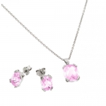 Rhodium Plated 925 Sterling Silver Prong Set October Birthstone Pink Tourmaline Faceted Cubic Zirconia CZ Earring and Necklace Set