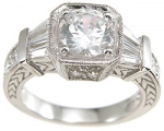 Platinum Plated Sterling Silver Antique Deco Style CZ Engagement Ring Size 5