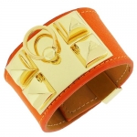 Leather Silver Yellow Gold-Tone Spikes Ring Large Wristband Womens Bracelet (Orange Leather/Yellow Gold Plated)