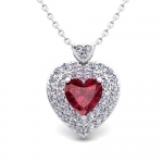 Diamond and Garnet Two Heart Pendant Necklace in 14k White Gold, 6x6mm Heart Gemstone Necklace