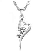 White Gold Plated Womens Necklace Heart Shape Pendant for Women with Two Colorless Zirconia