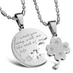 Pair of Stainless Steel I Want You Stay with Me the Rest of My Life Matching Round and Four Leaf Clover Pendant Necklace for Couples with CZ Accents