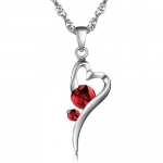 White Gold Plated Womens Necklace Heart Shape Pendant for Women with Two Red Zirconia
