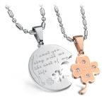 Pair of Stainless Steel I Want You Stay with Me the Rest of My Life Matching Round and Four Leaf Clover Pendant Necklace for Couples with CZ Accents, Yellow Trim for Her Steel for Him
