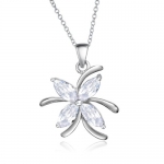 Silver Plated Womens Flower Pendant Necklace with Clear Color Cubic Zirconia Crystals
