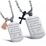 Stainless Steel Couples Tag Pendant Necklace Engraved My love will be around you forever with Heart and Cross Charms