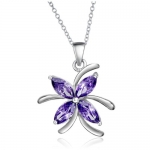 Silver Plated Womens Flower Pendant Necklace with Purple Color Cubic Zirconia Crystals