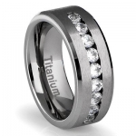 8MM Men's Titanium Ring Wedding Band with Flat Brushed Top and Channel Set CZ (Available in Sizes 8 to 16) [Size 11.5]