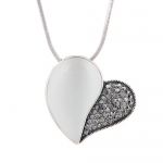 Plusminus Women's Antique Rhinestones Opal Heart Shape Pendant Chain Necklace Black and Silver