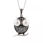 Plusminus Women's Antique Opal Owl Artificial Pearls Rhinestone Pendant Chain Necklace Black