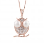 Plusminus Women's Antique Opal Owl Artificial Pearls Rhinestone Pendant Chain Necklace White