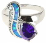 Rhodium Plated Opalite Bling Ring with Clear Faux Crystal Studs and Purple Faux Gem Stone - SIZE 7