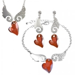 Cupid Swarovski Elements Heart Shaped Crystal Sparkling Wing Pendant Necklace Earrings and Bracelet Set - Red