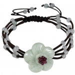 Jadeite Jade Hand Carved Elegant Flower Garnet Center Beads Adjustable Cord Bracelet
