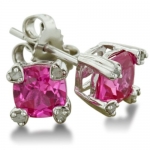 2 1/2ct Cushion Cut Created Pink Sapphire and Diamond Earringss in Sterling Silver