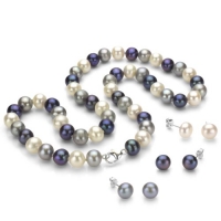 Sterling Silver 8-9mm Multicolor Freshwater Pearl Necklace 18 Length and 3 Pairs Matching Color Stud Earring Set. Pearls is June Birthstones