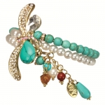 Crystal Faux Turquoise Dragonfly Dangling Drop Pearl Turquoise Wrap Bracelet