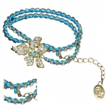 Crystal Flower Cubic Zirconia Blue Cord Double Wrapped Fashion Bracelet