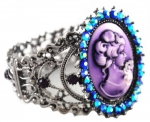 Gorgeous and Ornate Purple Cameo Cuff Bracelet with Many Crystal Accents - Black/Hematite Tone
