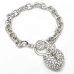 Gorgeous Silver Tone with White Gold Plating Puff Pave Heart Charm Bracelet with Crystal Key Toggle Clasp