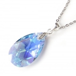 Queenberry Swarovski Elements Crystal Teardrop Aquamarine Blue AB Pendant Sterling Silver Adjustable Chain Necklace 16'' With 2'' Extender 18'' Made with Swarovski Elements