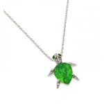 Rhodium Plated 925 Sterling Silver Light Green Cubic Zirconia CZ Sea Life Sea Turtle Charm Pendant Necklace with 18 inch Link Chain