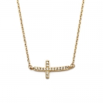 18K Yellow Gold Plated Sterling Silver High Polish Finish Pave Set Cubic Zirconia CZ Curved Sideways Cross Fashion Designer Charm Necklace with 16-18 Adjustable Link Chain