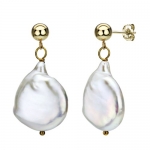 14k Yellow Gold 15-16mm White Semi Coin Baroque Freshwater Pearl Stud Earrings. Free A Beautiful Jewelry Gift Box. -Most Wanted Holiday Gift