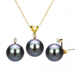 24k Yellow Gold Over Sterling Silver 8-9mm Black Freshwater Cultured Pearl with .03ctw Diamond Necklace 18 Length with Matching Earring Jewelry Set. -Most Wanted Holiday Gift