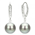 Sterling Silver 8-9mm Perfect Round Grey Cultured Freshwater Pearl Leverback with Diamond Accent Earring. Includes Giftbox with Ribbon.